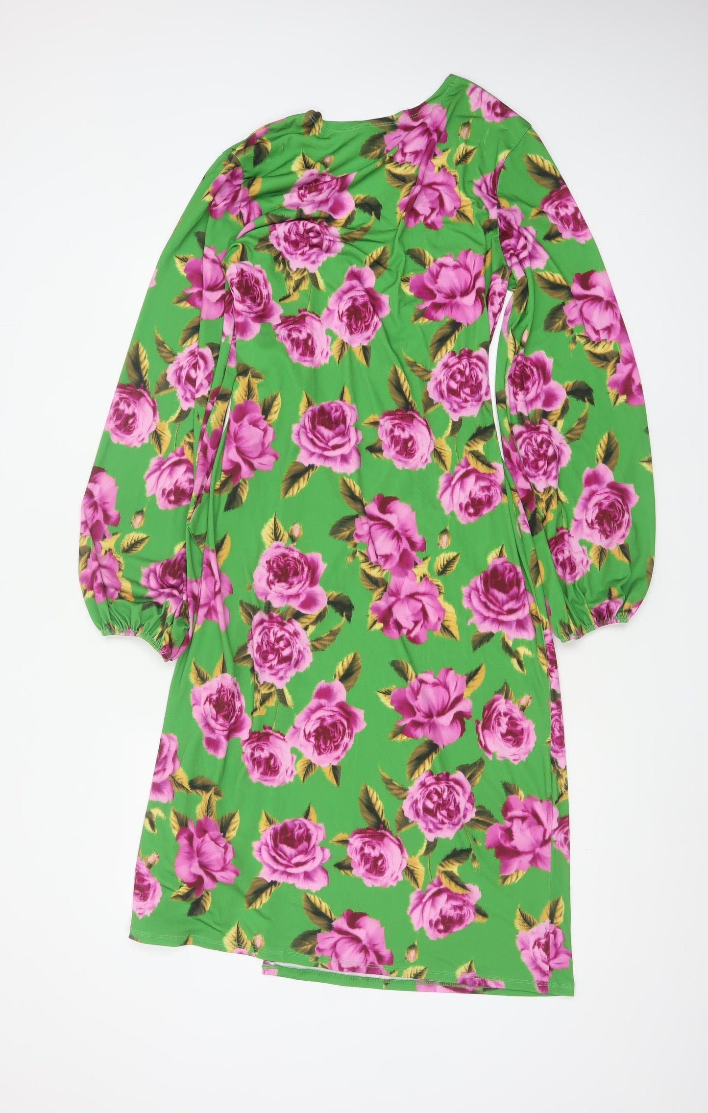 ASOS DESIGN Women Green Floral Wrap Maxi Dress UK 14 V-Neck Balloon Sleeve
