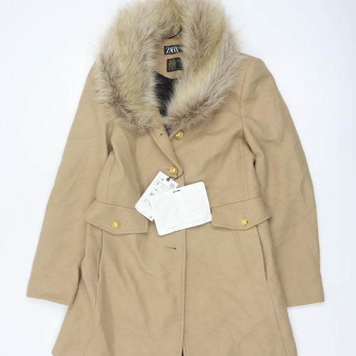 Zara Women Beige S Wool Herringbone Overcoat Fur Trim Long Coat