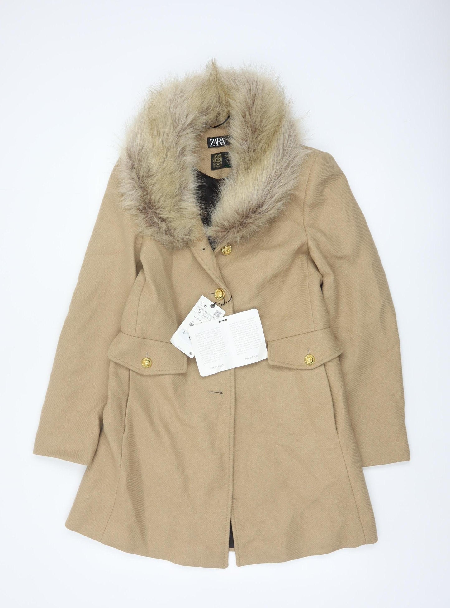 Zara Women Beige S Wool Herringbone Overcoat Fur Trim Long Coat
