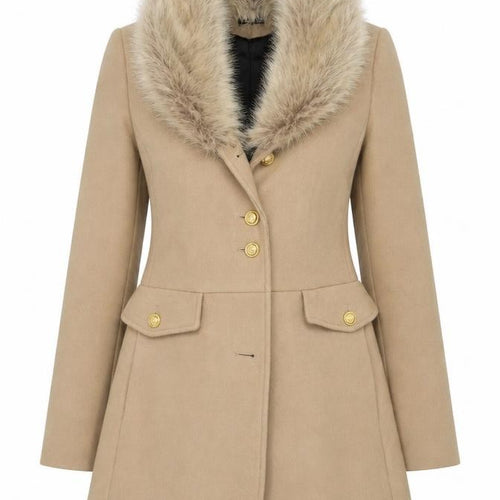 Zara Women Beige S Wool Herringbone Overcoat Fur Trim Long Coat