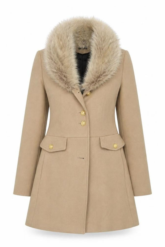 Zara Women Beige S Wool Herringbone Overcoat Fur Trim Long Coat