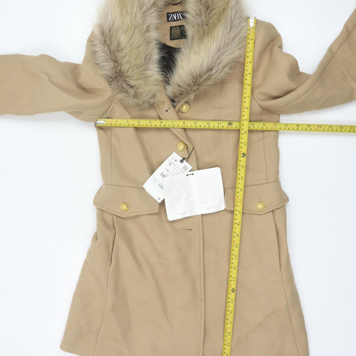 Zara Women Beige S Wool Herringbone Overcoat Fur Trim Long Coat