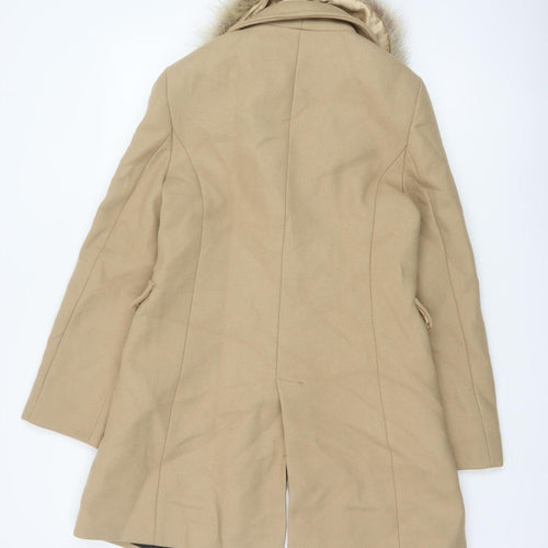 Zara Women Beige S Wool Herringbone Overcoat Fur Trim Long Coat