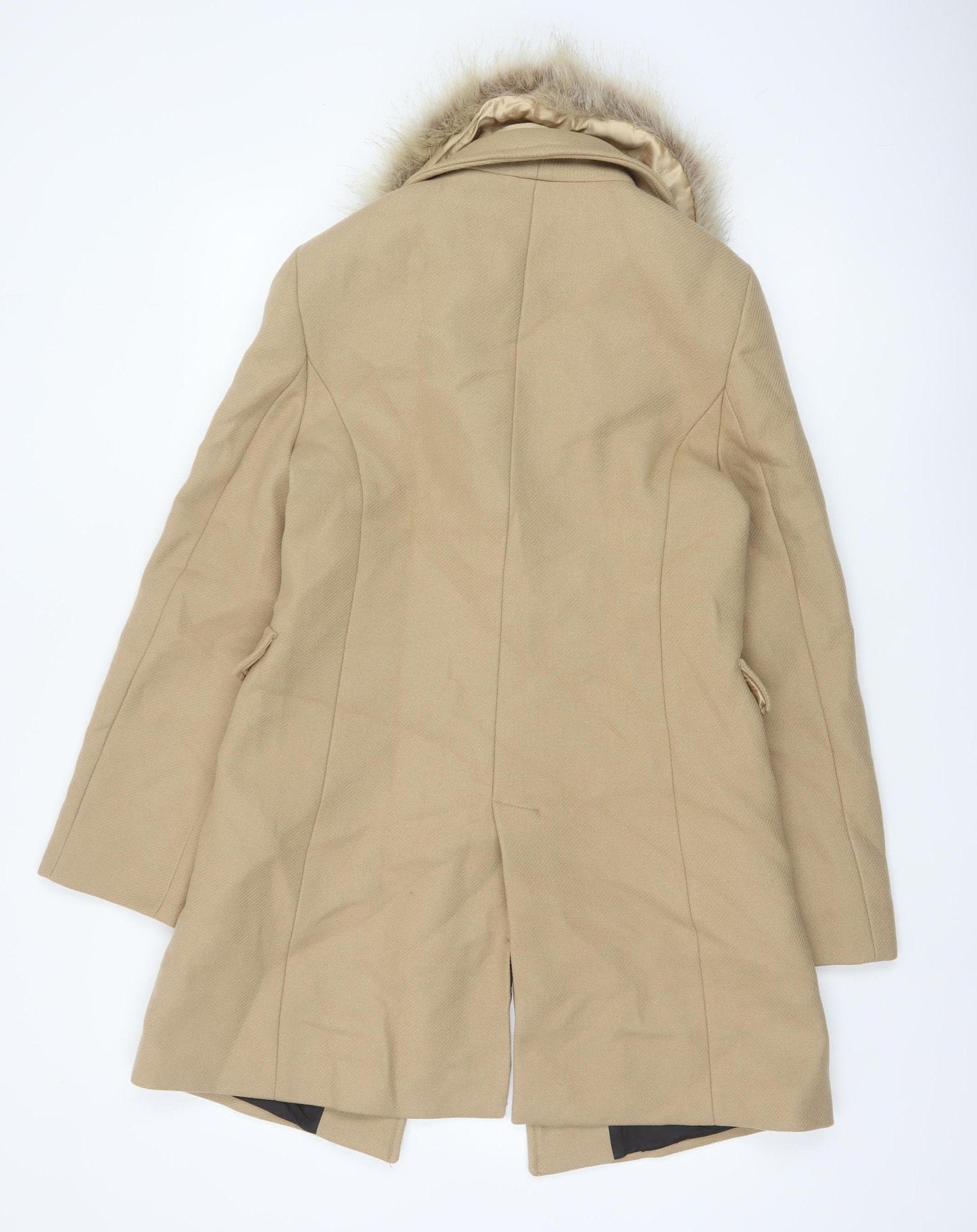Zara Women Beige S Wool Herringbone Overcoat Fur Trim Long Coat