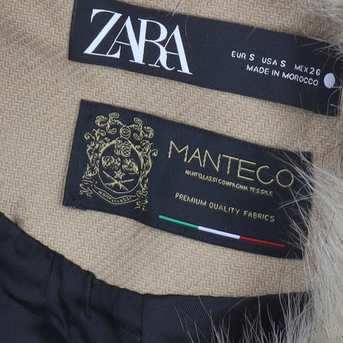 Zara Women Beige S Wool Herringbone Overcoat Fur Trim Long Coat
