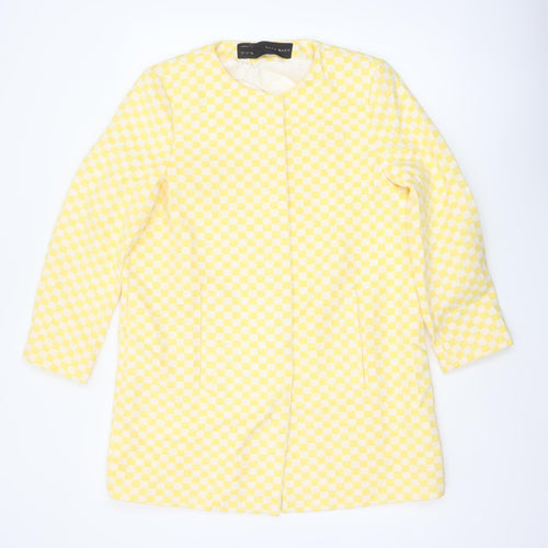 Zara Basic Women Yellow Check Collarless Mid-Length Jacket Size L