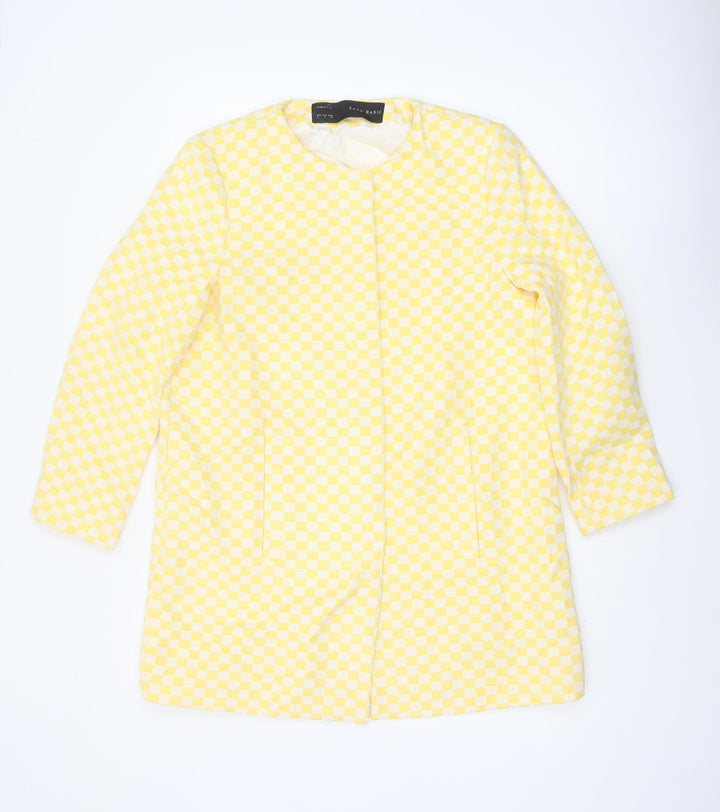 Zara Basic Women Yellow Check Collarless Mid-Length Jacket Size L
