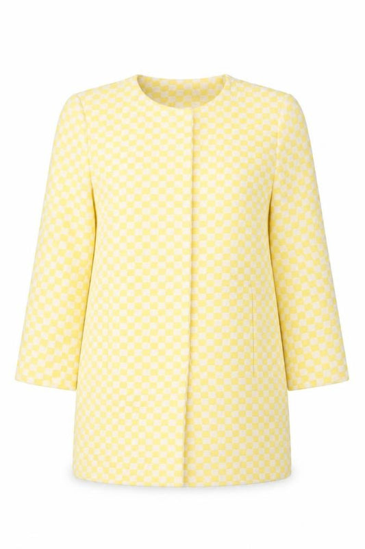 Zara Basic Women Yellow Check Collarless Mid-Length Jacket Size L