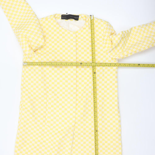 Zara Basic Women Yellow Check Collarless Mid-Length Jacket Size L
