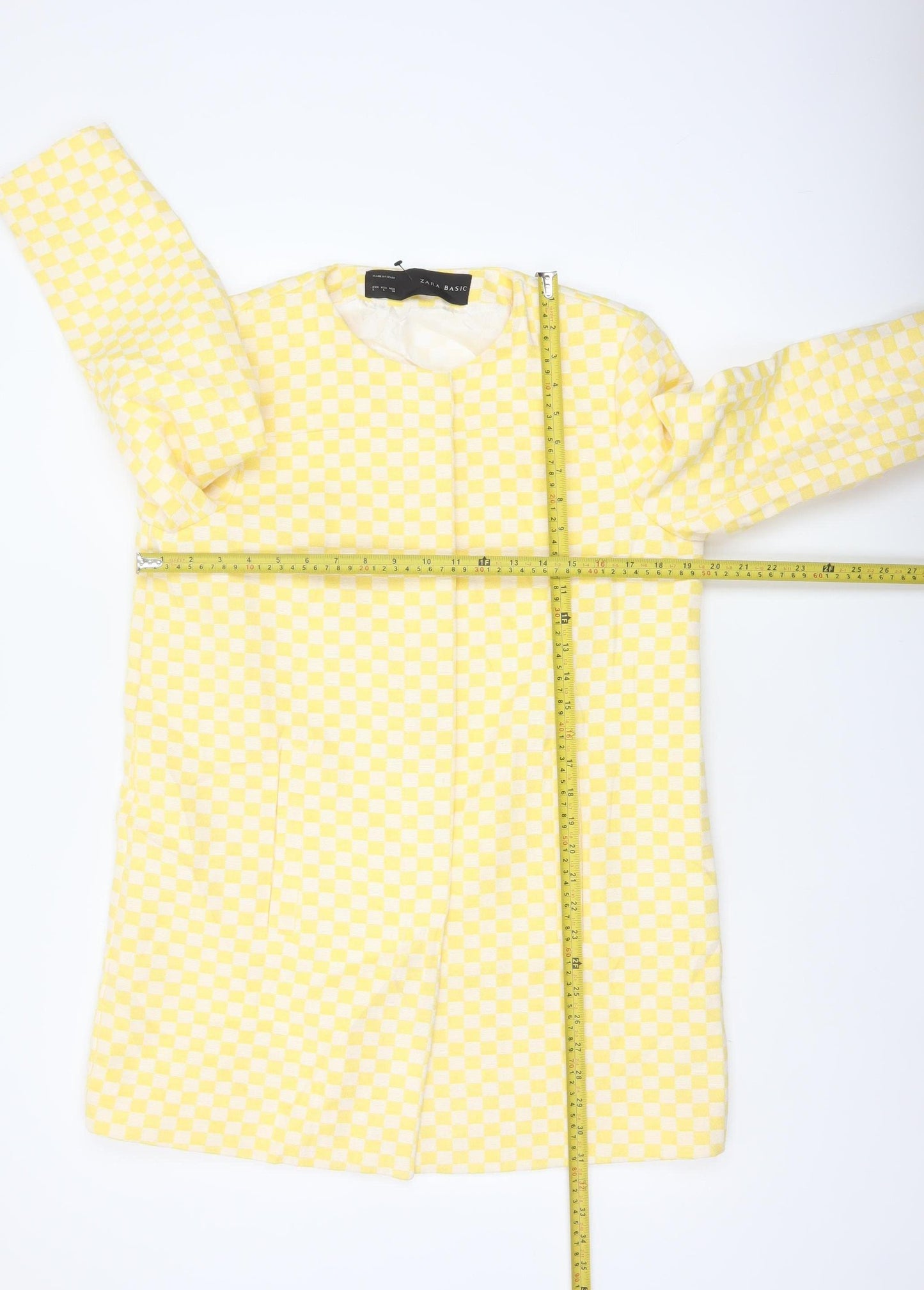 Zara Basic Women Yellow Check Collarless Mid-Length Jacket Size L