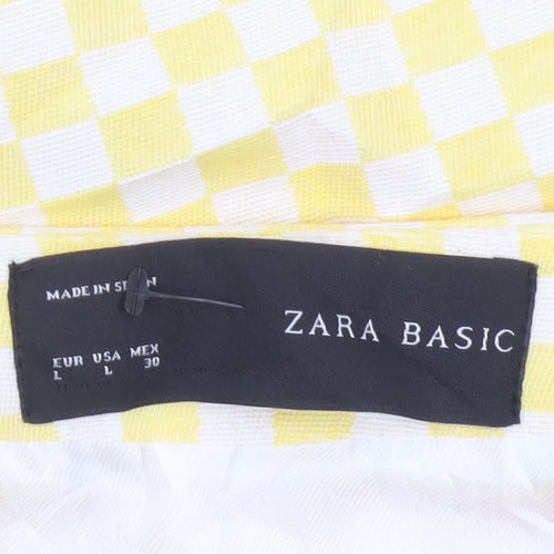 Zara Basic Women Yellow Check Collarless Mid-Length Jacket Size L
