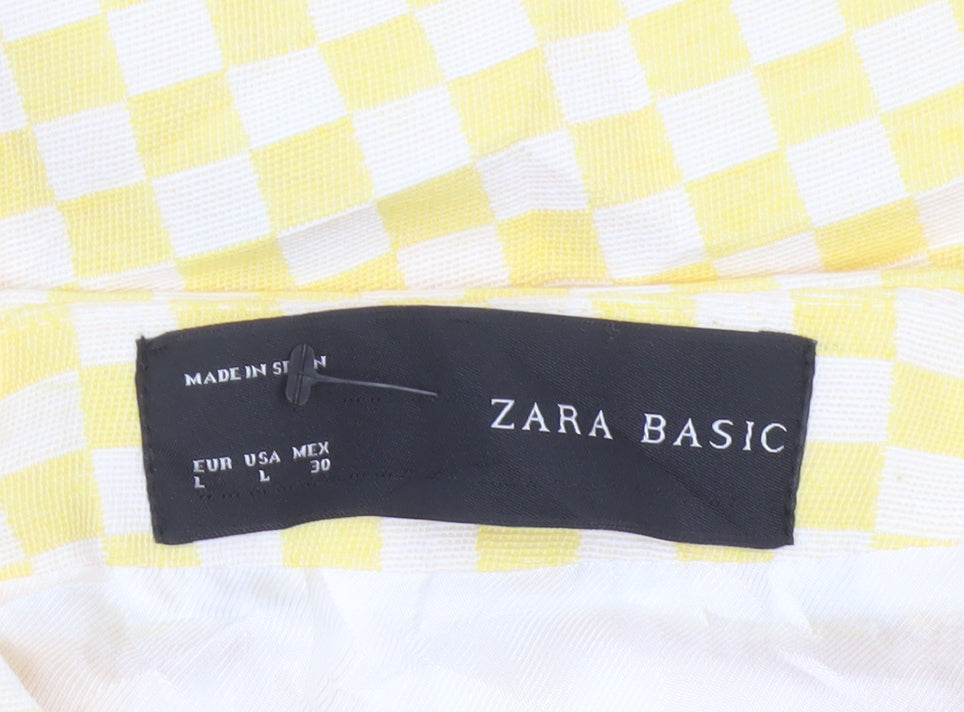 Zara Basic Women Yellow Check Collarless Mid-Length Jacket Size L