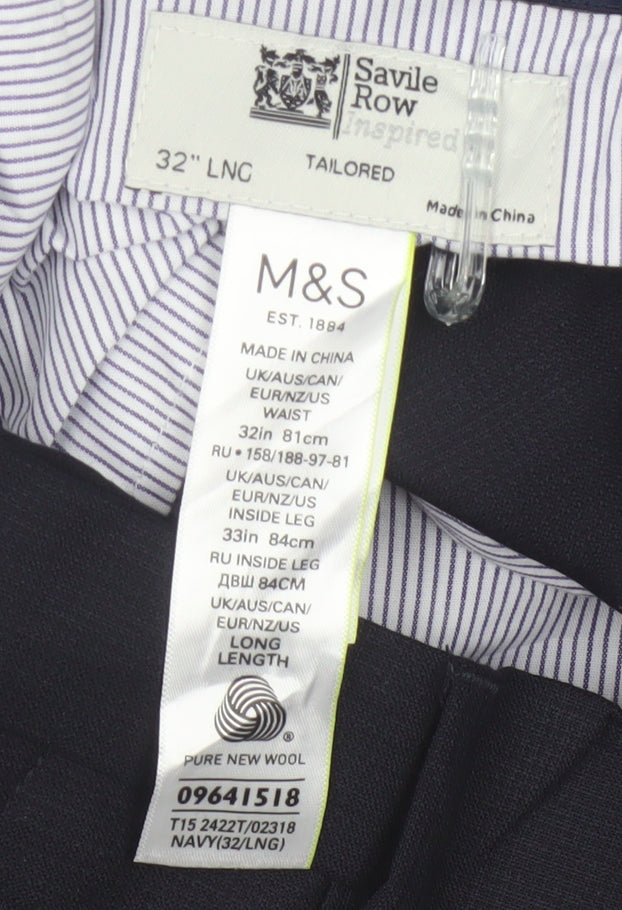 M&S Savile Row Men’s Navy 32L Pure Wool Tailored Dress Trousers