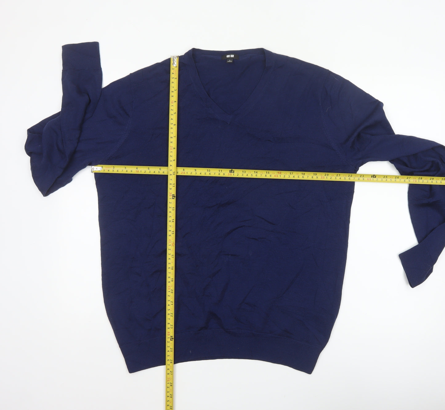 Uniqlo Men’s Blue Wool V-Neck Pullover Jumper Size L