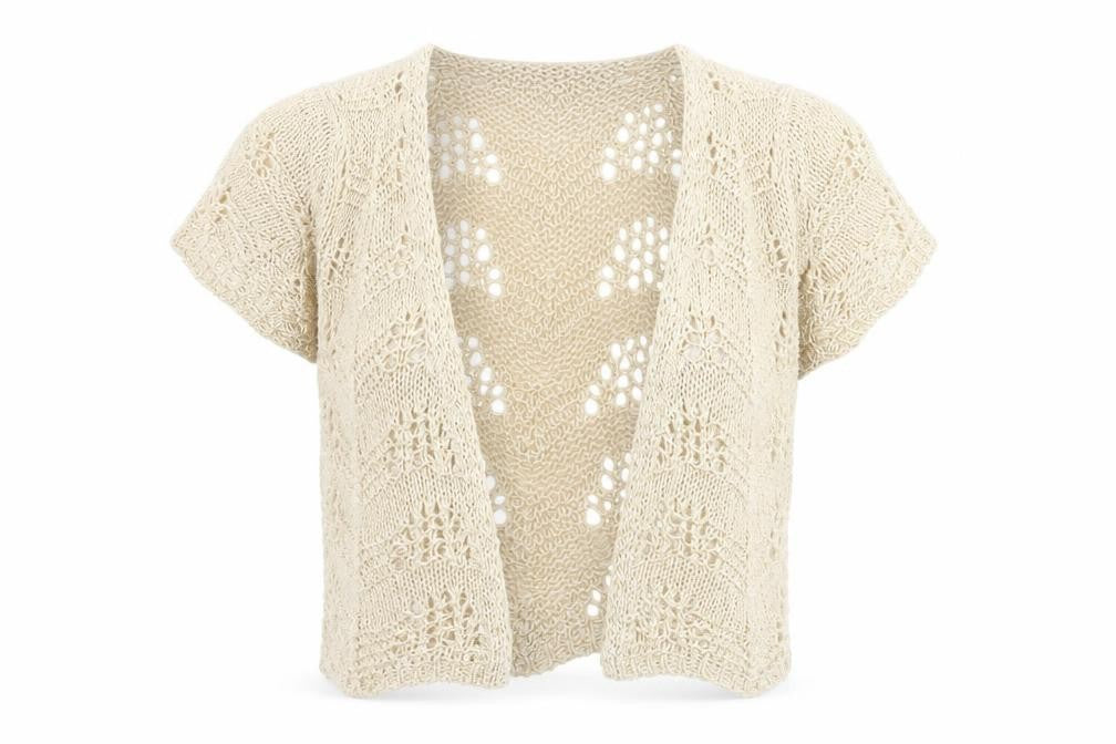 Front view of Per Una Women Ivory Open-Knit Cardigan, size 12, Short Sleeve