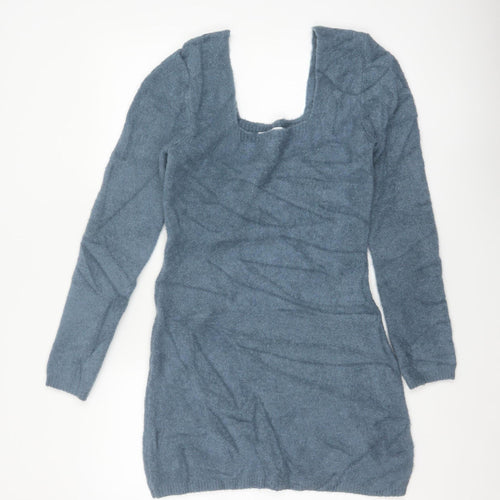 Zara Women Blue M Knit Bodycon Jumper Dress Square Neck Long Sleeve