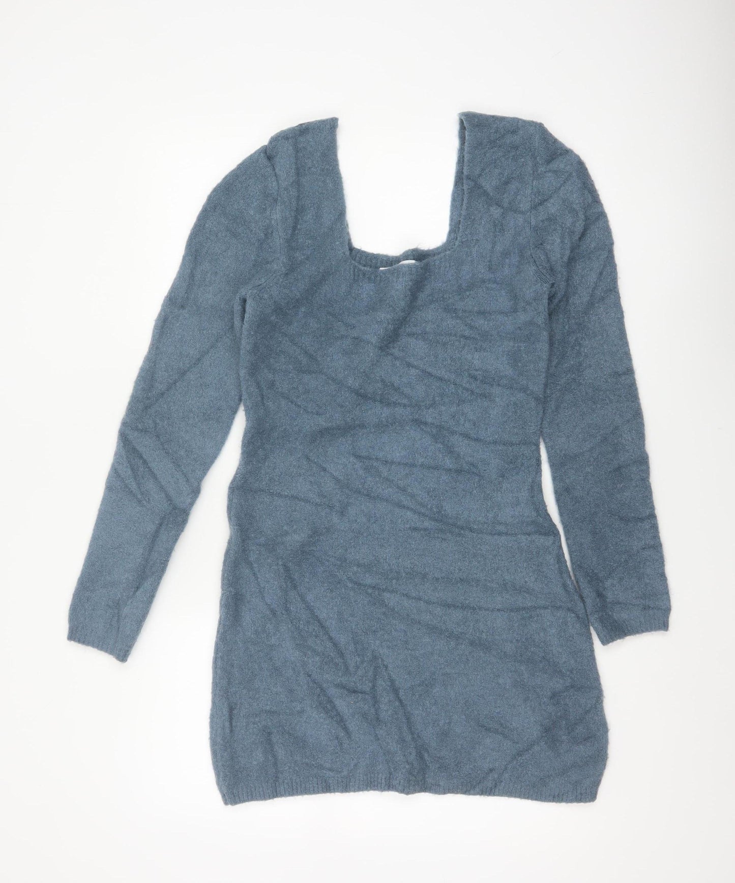 Zara Women Blue M Knit Bodycon Jumper Dress Square Neck Long Sleeve