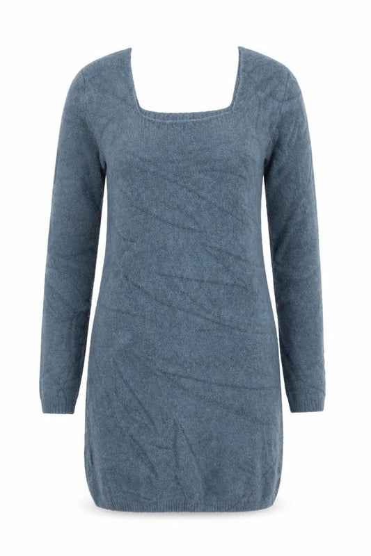 Front view of Zara Women Blue M Knit Bodycon Jumper Dress Square Neck Long Sleeve
