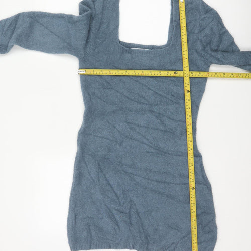 Zara Women Blue M Knit Bodycon Jumper Dress Square Neck Long Sleeve