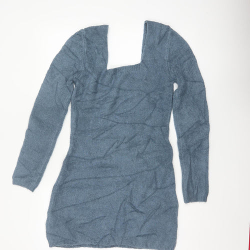 Zara Women Blue M Knit Bodycon Jumper Dress Square Neck Long Sleeve