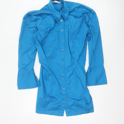 Zara Women Blue M Cotton Stretch Long Sleeve Shirt Dress