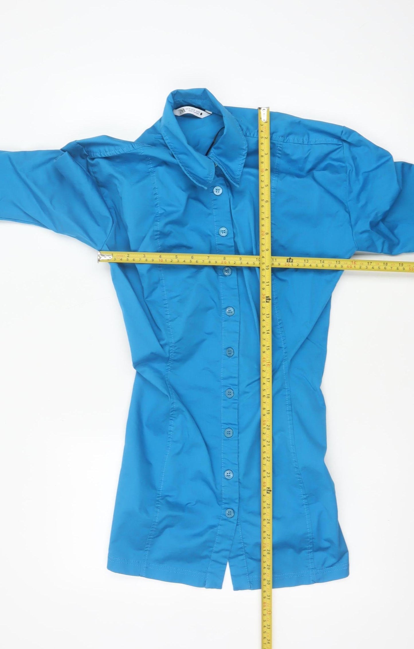Zara Women Blue M Cotton Stretch Long Sleeve Shirt Dress