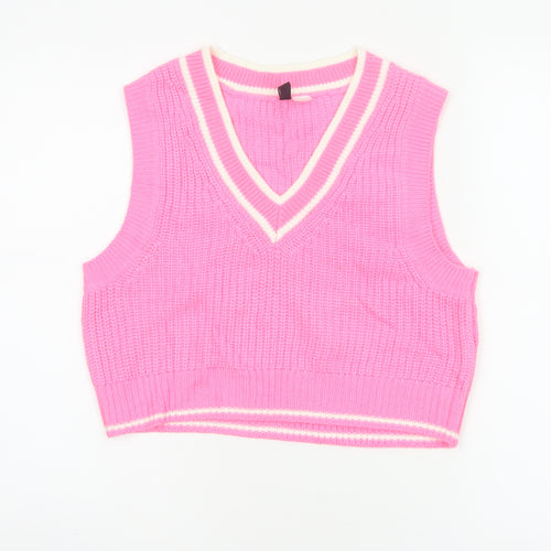 H&M Divided Women Pink Stripe V-Neck Knit Vest Jumper UK 10