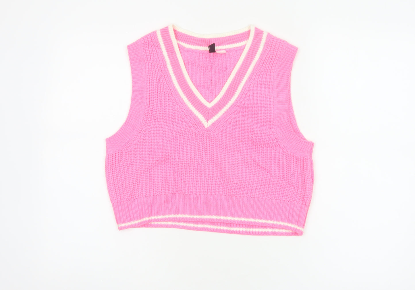 H&M Divided Women Pink Stripe V-Neck Knit Vest Jumper UK 10