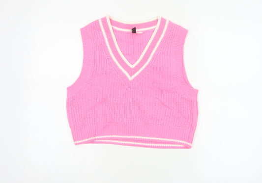 H&M Divided Women Pink Stripe V-Neck Knit Vest Jumper UK 10