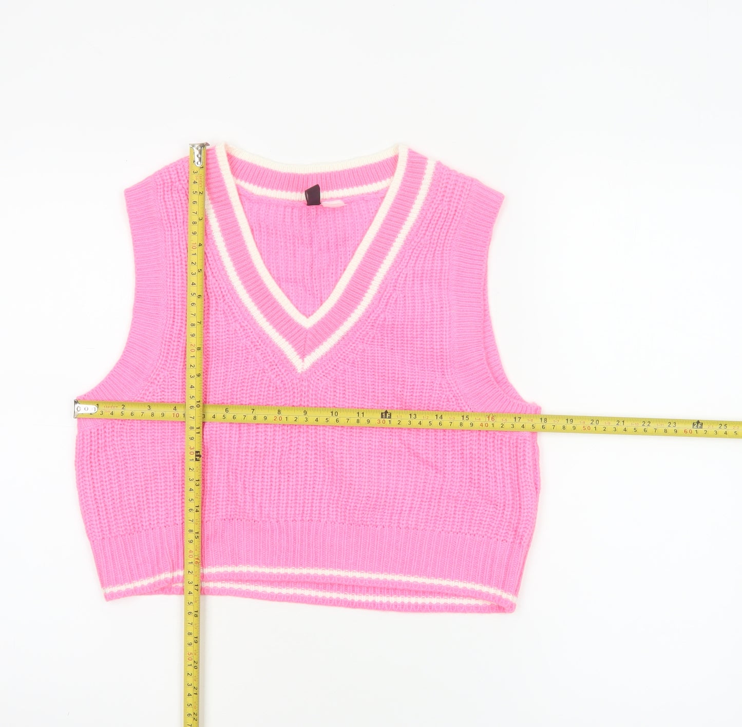 H&M Divided Women Pink Stripe V-Neck Knit Vest Jumper UK 10