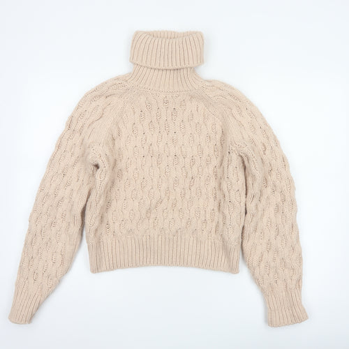 H&M Women Beige XS Cable-Knit Roll Neck Chunky Jumper