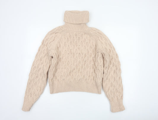 H&M Women Beige XS Cable-Knit Roll Neck Chunky Jumper