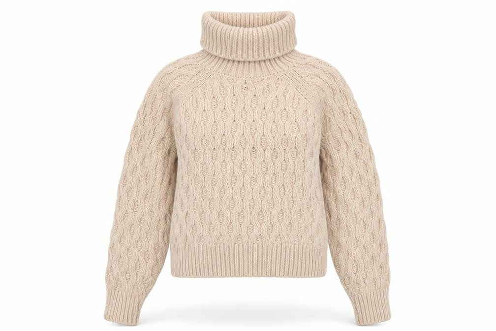 Front view of H&M Women Beige XS Cable-Knit Roll Neck Chunky Jumper