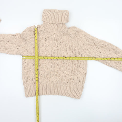 H&M Women Beige XS Cable-Knit Roll Neck Chunky Jumper