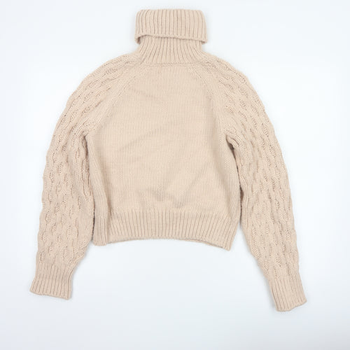 H&M Women Beige XS Cable-Knit Roll Neck Chunky Jumper
