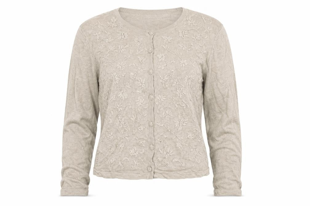 Front view of Patsy Seddon Women Beige M Linen Floral Embroidered Cardigan
