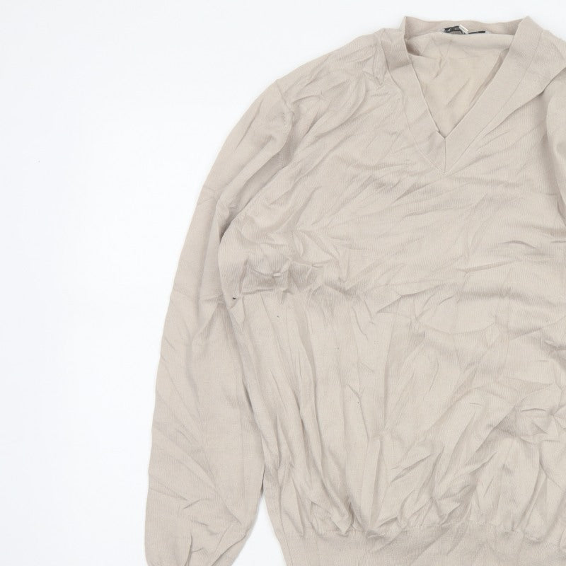 Reiss Men’s Beige M V-Neck Lightweight Fine Knit Pullover Jumper