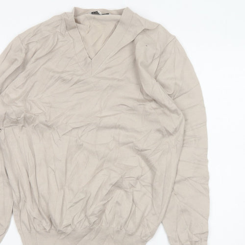 Reiss Men’s Beige M V-Neck Lightweight Fine Knit Pullover Jumper