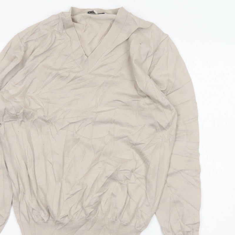 Reiss Men’s Beige M V-Neck Lightweight Fine Knit Pullover Jumper