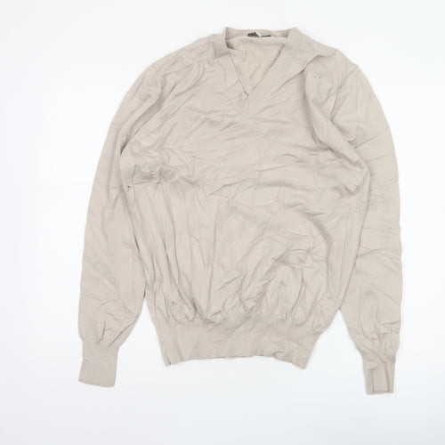 Reiss Men’s Beige M V-Neck Lightweight Fine Knit Pullover Jumper