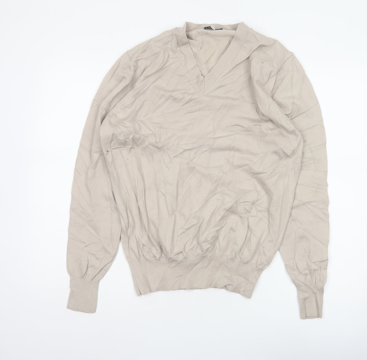 Reiss Men’s Beige M V-Neck Lightweight Fine Knit Pullover Jumper