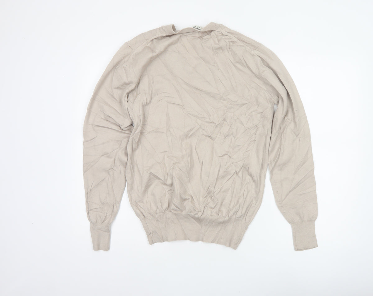 Reiss Men’s Beige M V-Neck Lightweight Fine Knit Pullover Jumper