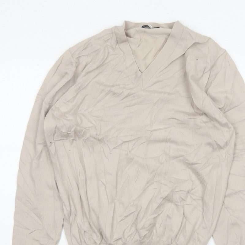 Reiss Men’s Beige M V-Neck Lightweight Fine Knit Pullover Jumper