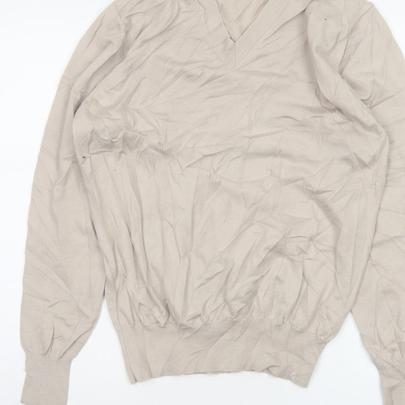 Reiss Men’s Beige M V-Neck Lightweight Fine Knit Pullover Jumper
