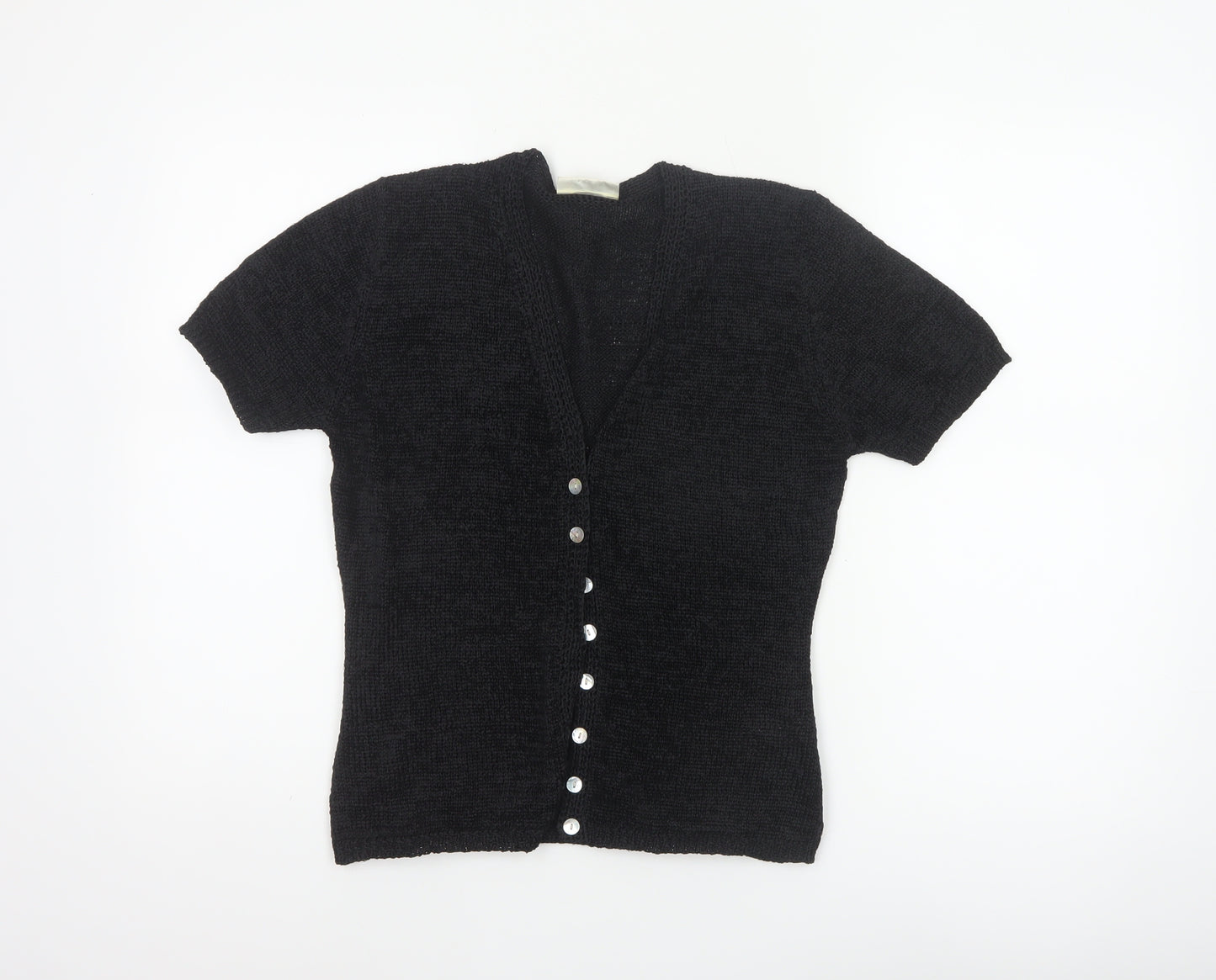 Bhs Women’s Black Size 10 Short Sleeve V-Neck Button Knit Cardigan