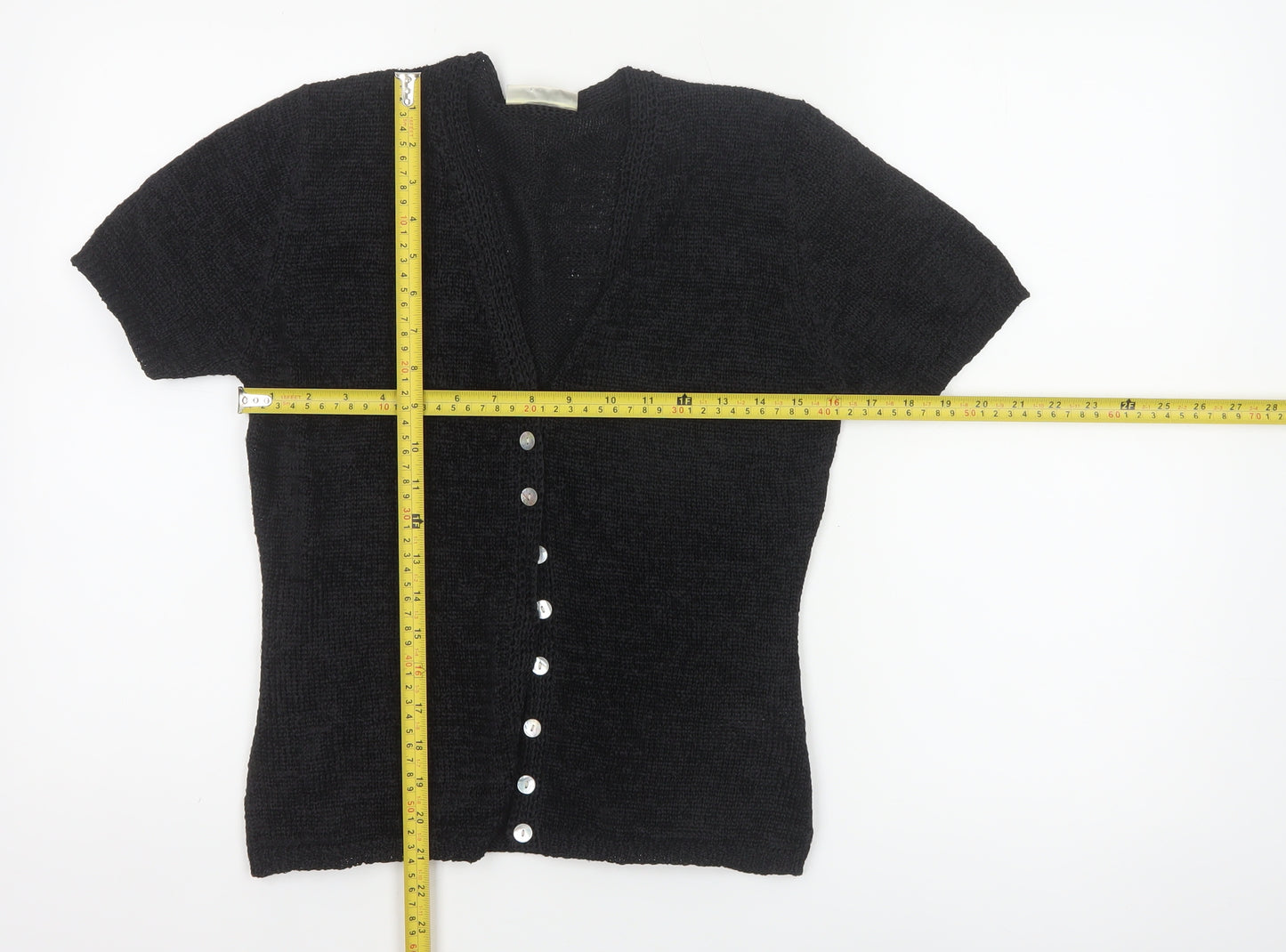 Bhs Women’s Black Size 10 Short Sleeve V-Neck Button Knit Cardigan