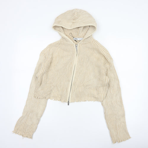 Zara Women Beige S Hooded Rib Knit Full Zip Cropped Cardigan