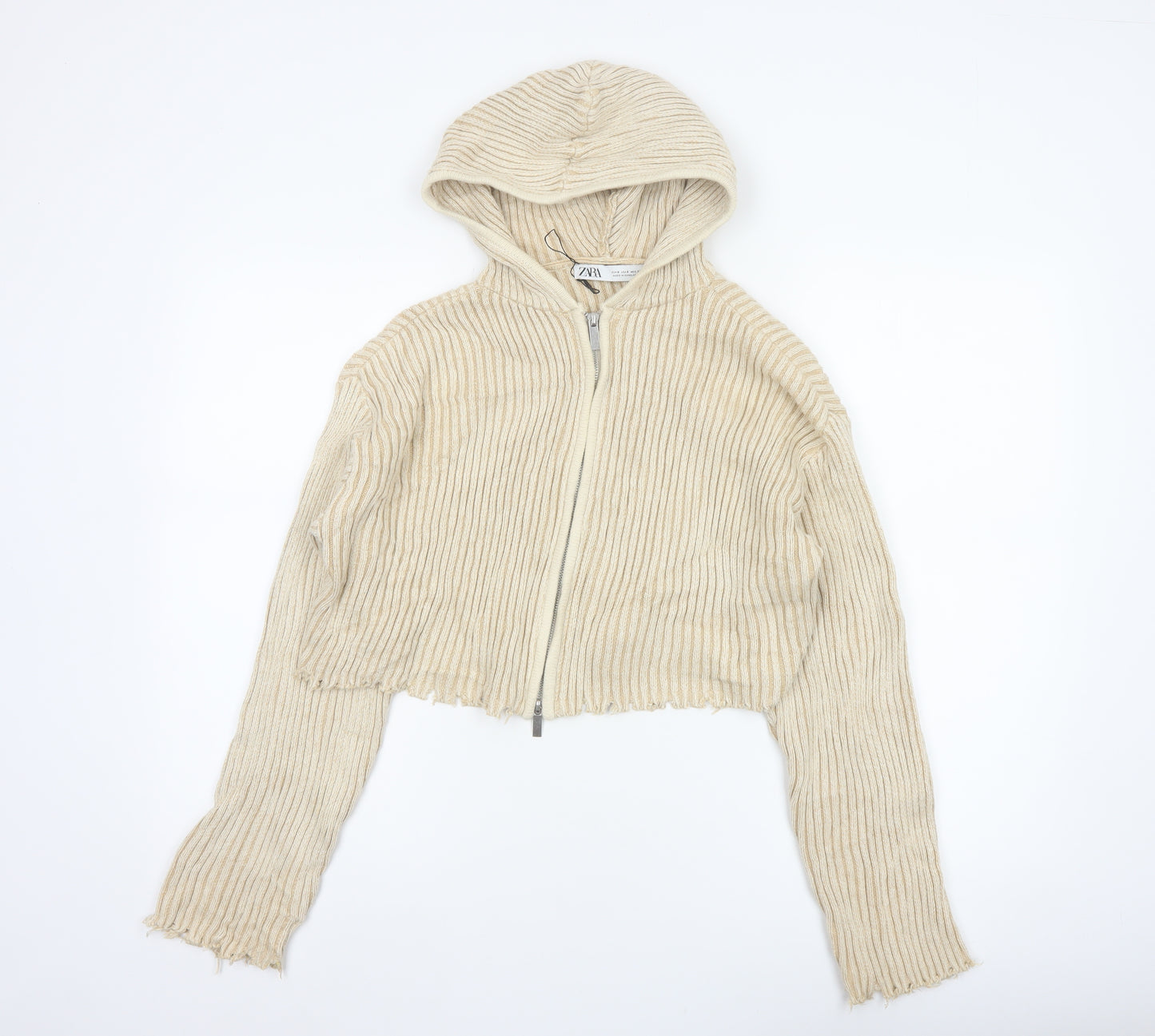 Zara Women Beige S Hooded Rib Knit Full Zip Cropped Cardigan