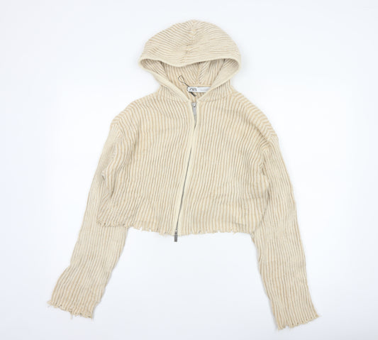 Zara Women Beige S Hooded Rib Knit Full Zip Cropped Cardigan