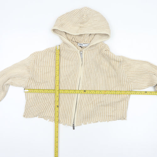 Zara Women Beige S Hooded Rib Knit Full Zip Cropped Cardigan